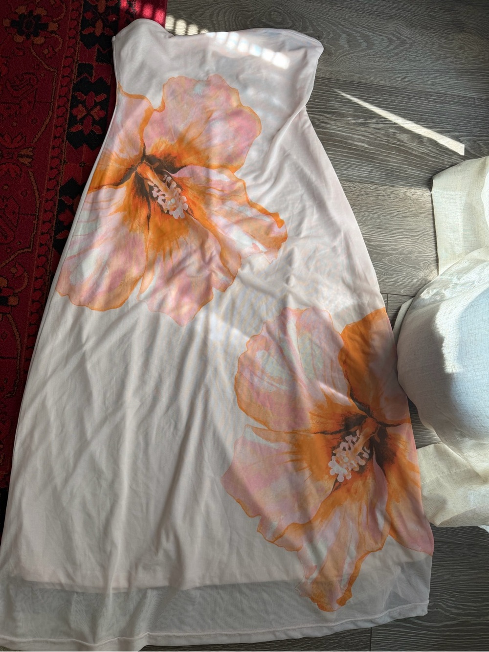 Strapless Floral Midi Dress in White and Orange